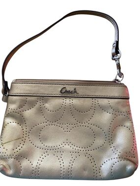 Coach Gold Perforated Leather Wristlet Detachable Strap Zip Pouch